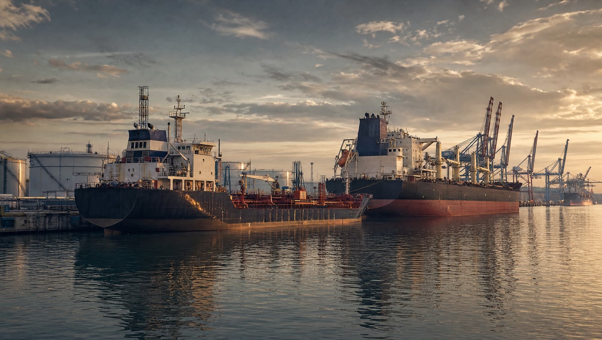 A commercial port at dawn with tankers berthed along the quay