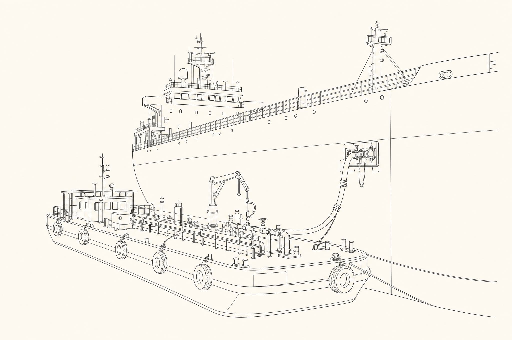 Line drawing of a bunker barge fueling a vessel alongside