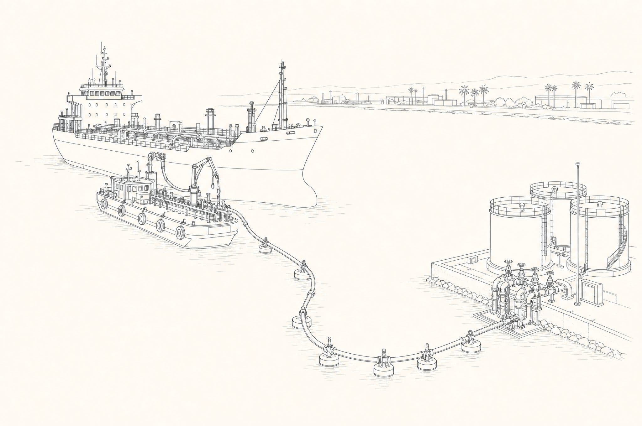 Line drawing of a floating pipeline delivering fuel to a berthed vessel