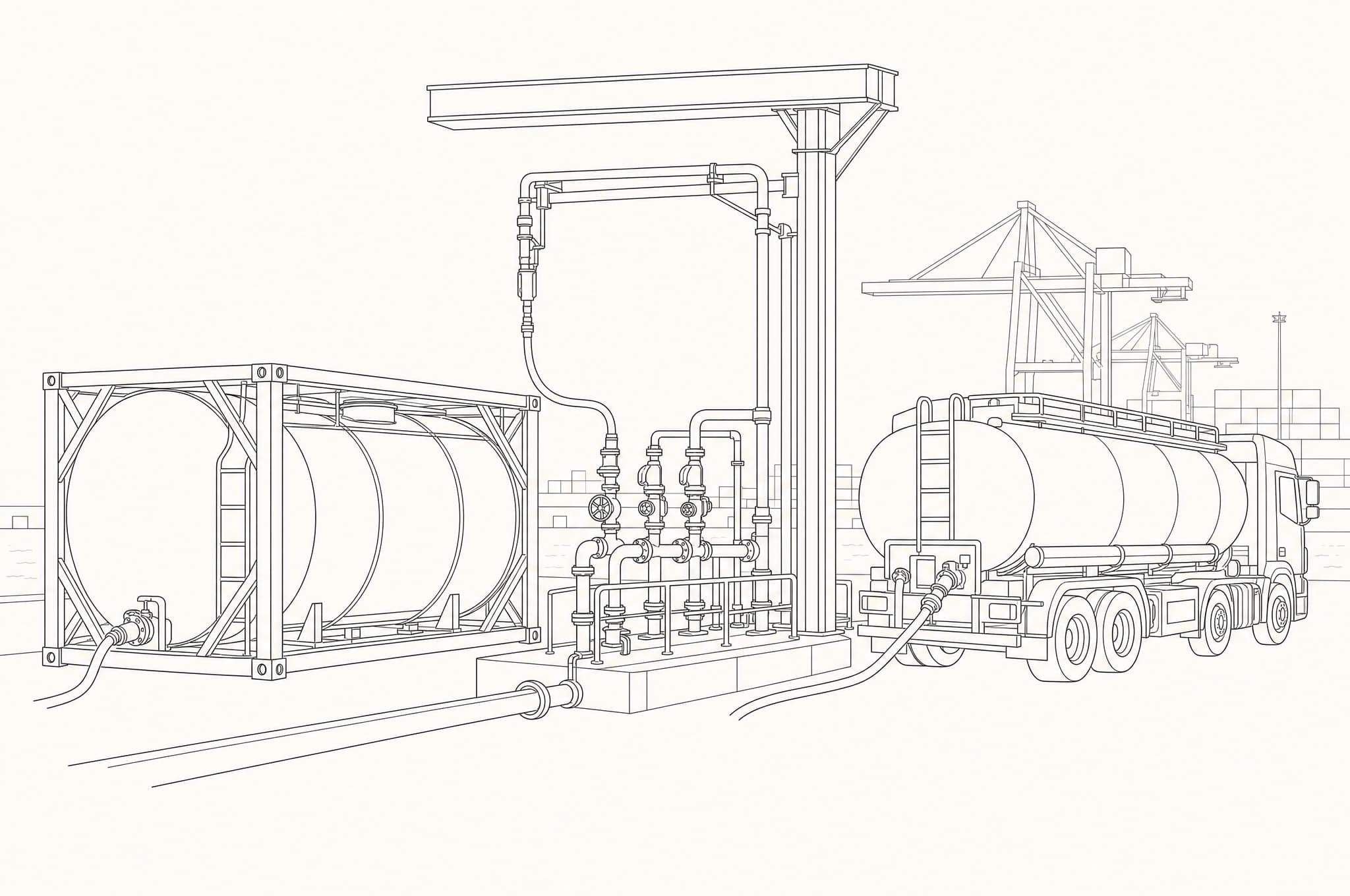 Line drawing of a terminal loading arm filling a tank container, with a metered tank truck alongside on the quay