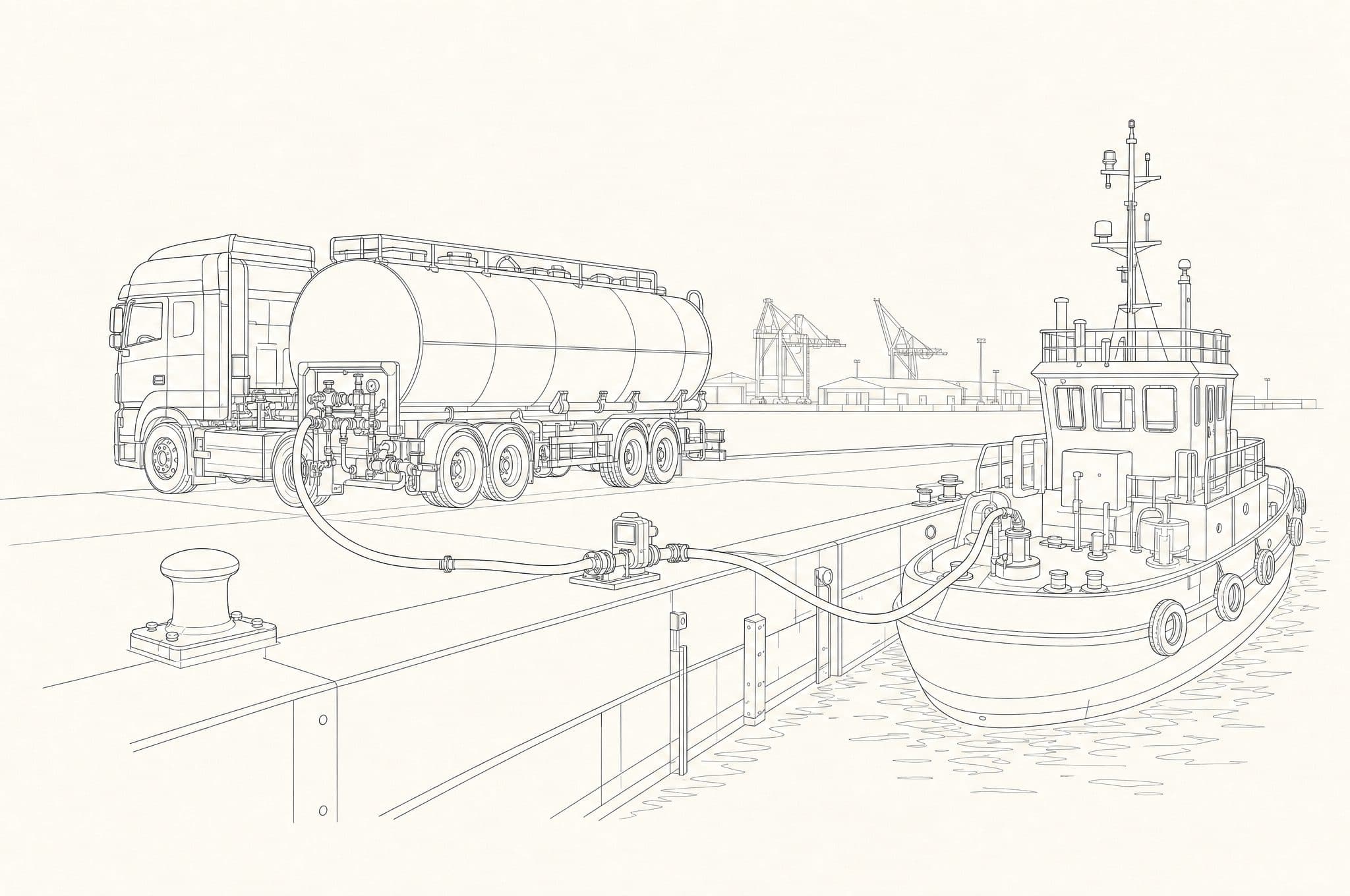 Line drawing of a metered tank truck fueling a moored workboat from the quay