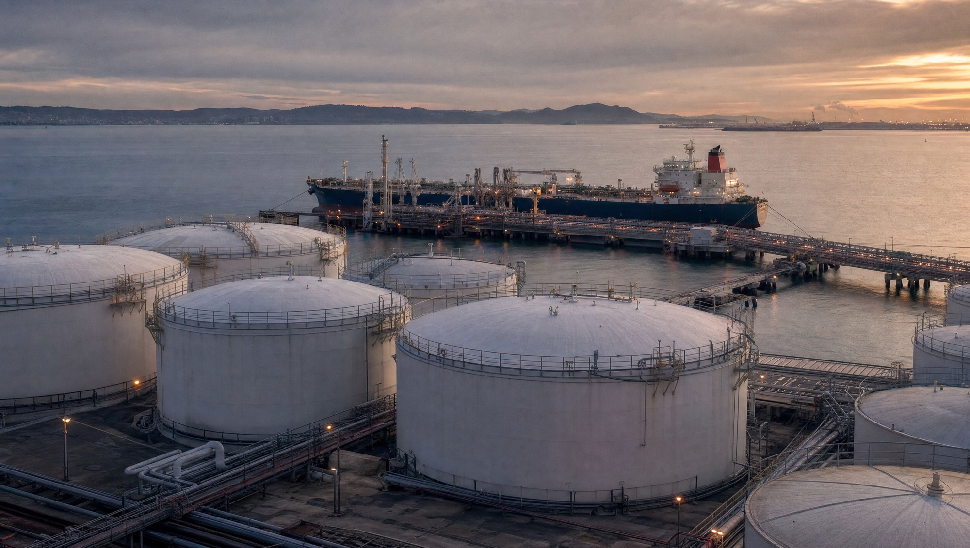 A marine fuel storage terminal at dusk with a tanker berthed at the jetty