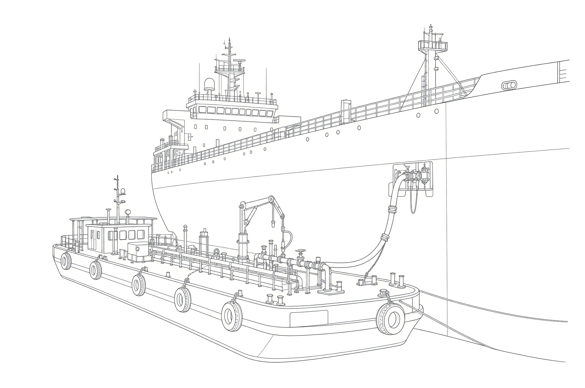 Line drawing of a fuel barge alongside a ship, its hose connected to the ship's manifold
