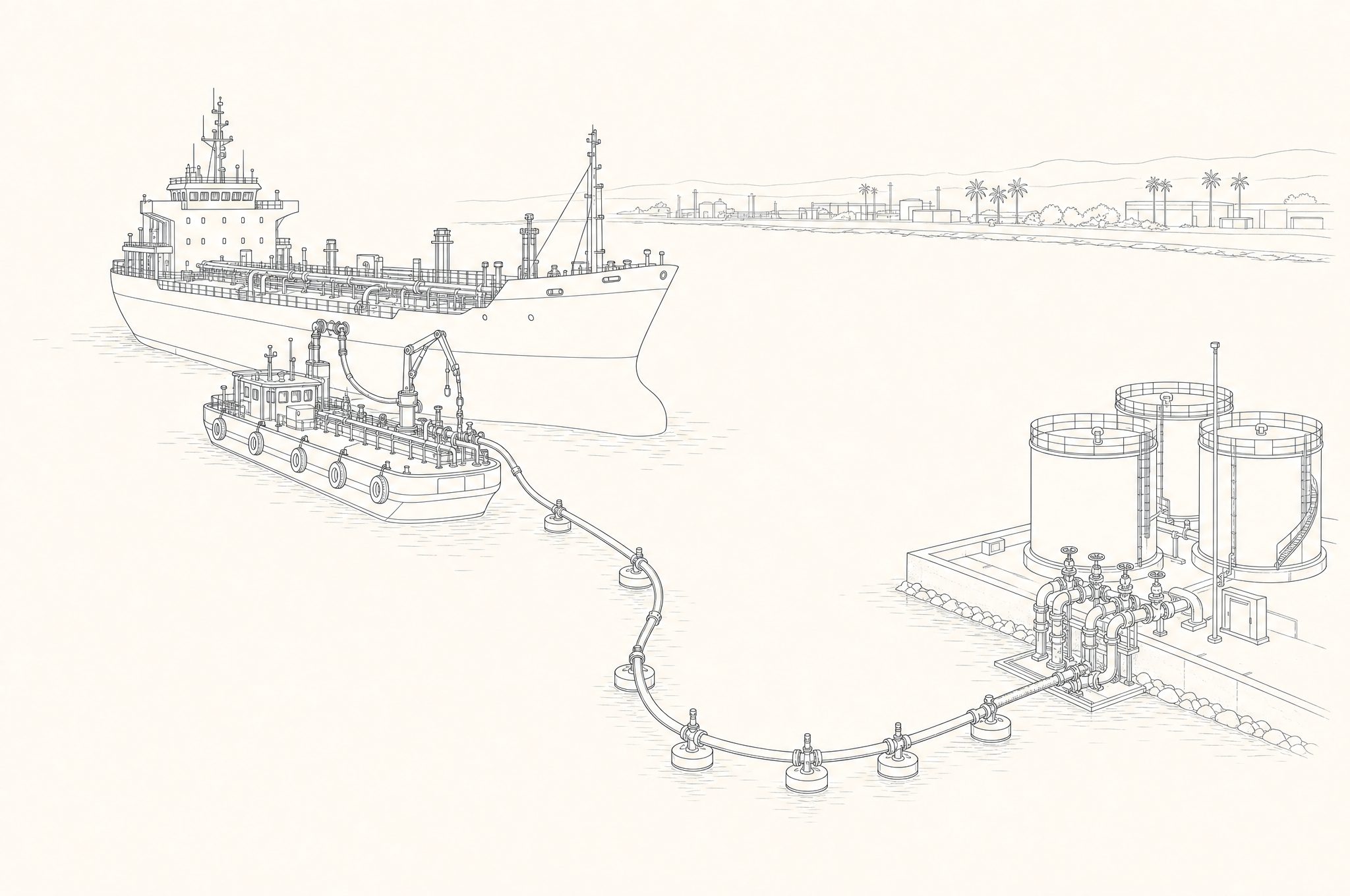 Line drawing of a floating pipeline delivering fuel to a berthed vessel